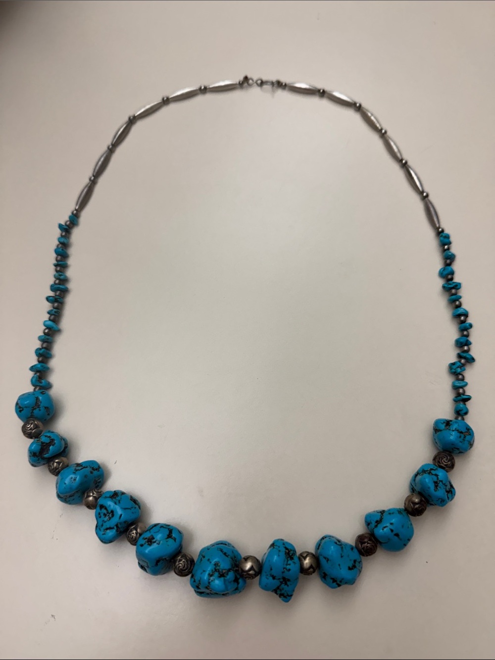 Vintage Southwestern Turquoise Nugget & Silver Bead Statement Necklace 29.5"